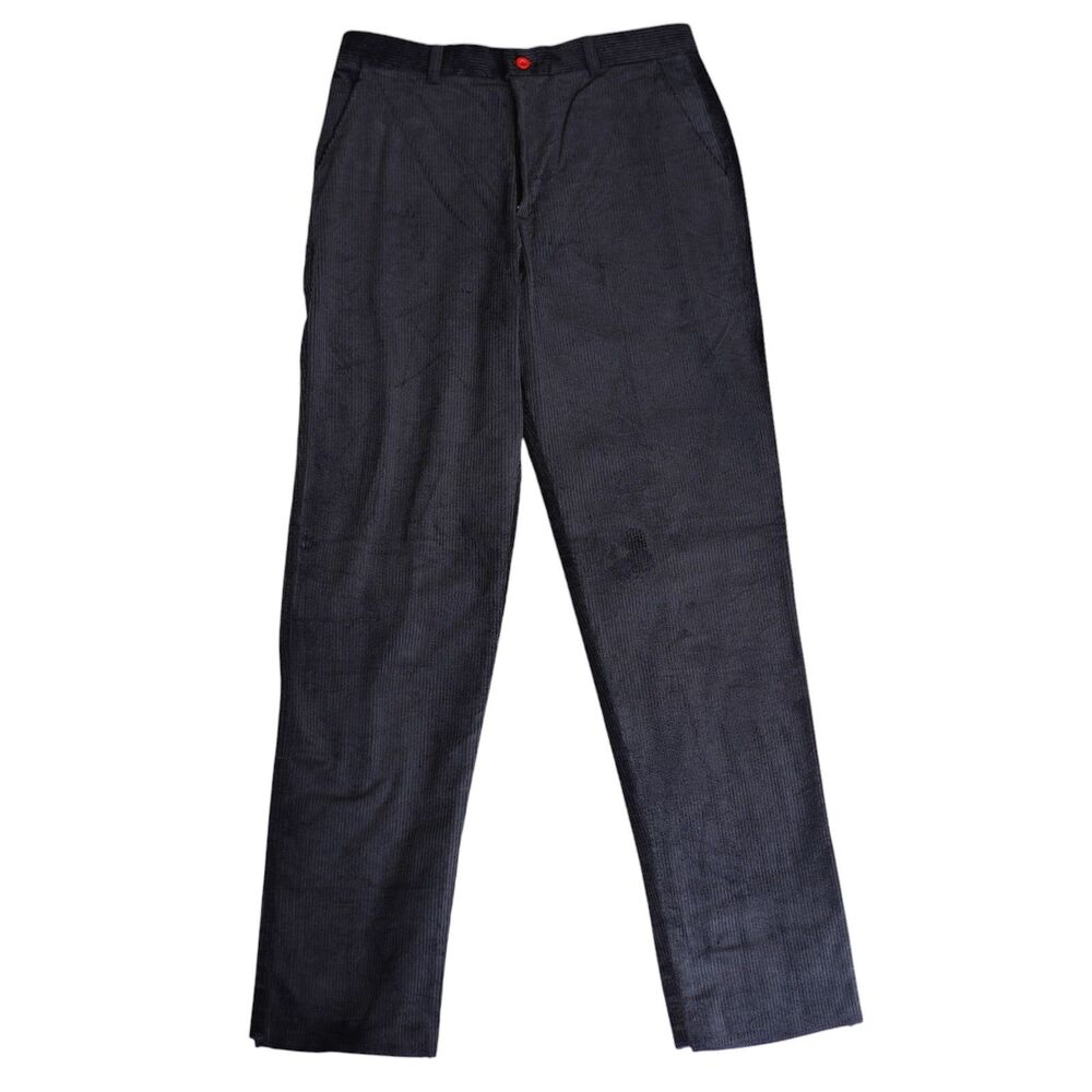 Mens 32 Black Corduroy Pants High Waist Flat Front Straight Fit Trousers NWT